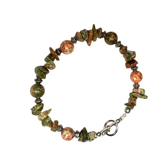 Unakite Gemstone Bracelet Chip & Round Beads w/ Copper Accents 8" Toggle - Picture 4 of 8